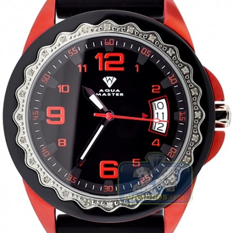 Aqua Master Black Rubber Diamond Womens Red Watch
