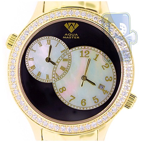 Aqua Master 2 Time Zone 2.45 ct Diamond Mens Gold Watch