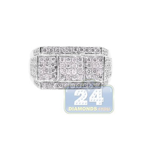 14K White Gold 1.10 ct Round Cut Diamond Mens Rectangle Signet Ring