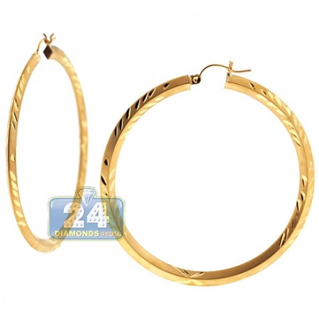 10K Yellow Gold Diamond Cut Womens Hoop Earrings 3 mm 2.25 Inch