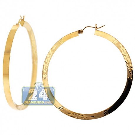 10K Yellow Gold Floral Cut Hoops Womens Earrings 4 mm 2.25 Inch