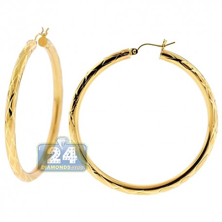 10K Yellow Gold Diamond Cut Womens Round Hoop Earrings 2.25 Inch