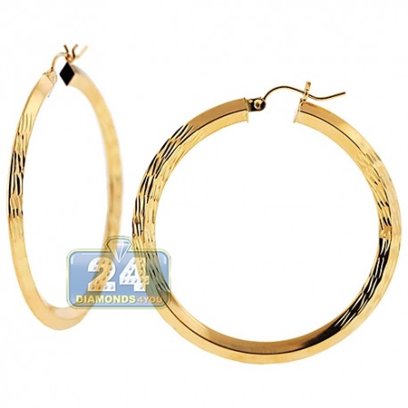 10K Yellow Gold Diamond Cut Pattern Lady Hoop Earrings 3 mm 1.75"