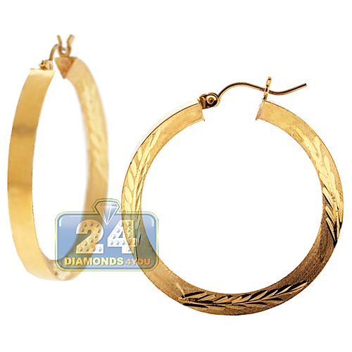4mm X 29mm 1 1/8" Full Diamond Cut Round Hoop Earrings REAL 10K Yellow Gold