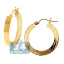 10K Yellow Gold Floral Pattern Round Hoop Earrings 4 mm 1 Inch