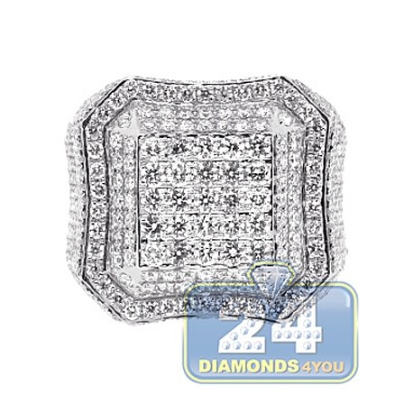 Mens Diamond Square Shape Signet Ring 14K White Gold 3.80ct