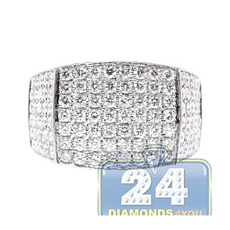 Mens Round Cut Diamond Rectangle Ring 14K White Gold 3.36ct