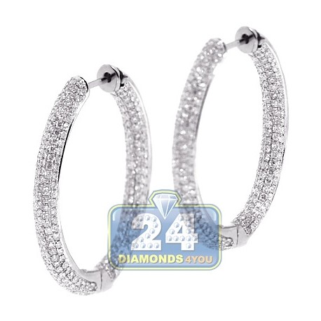 Womens Inside Diamond Oval Hoop Earrings 18K White Gold 1.25"