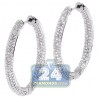 Womens Inside Diamond Oval Hoop Earrings 18K White Gold 1.25"