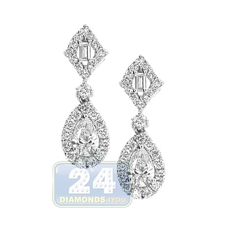 Womens Pear Diamond Small Drop Earrings 18K White Gold 1.12 ct