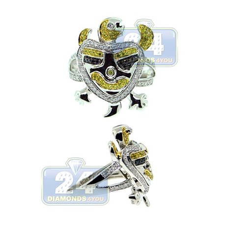14K White Gold 1.77 ct MultiColored Diamond Turtle Mens Ring
