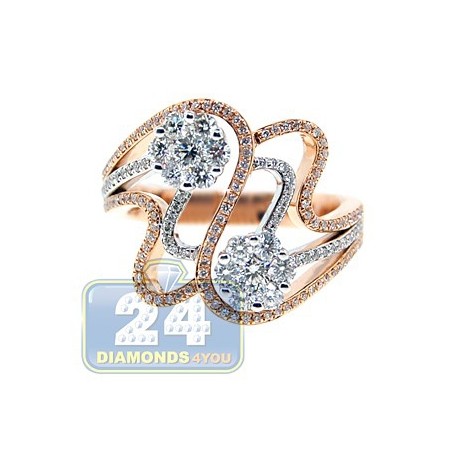 14K Two Tone Gold 0.90 ct Diamond Cluster Womens Swirl Ring