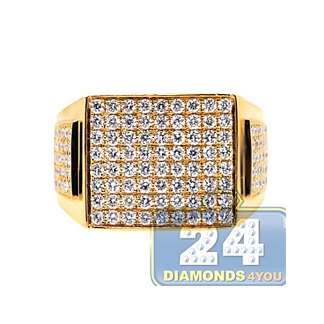 Mens Diamond Rectangle Shape Signet Ring 14K Yellow Gold 2.41ct