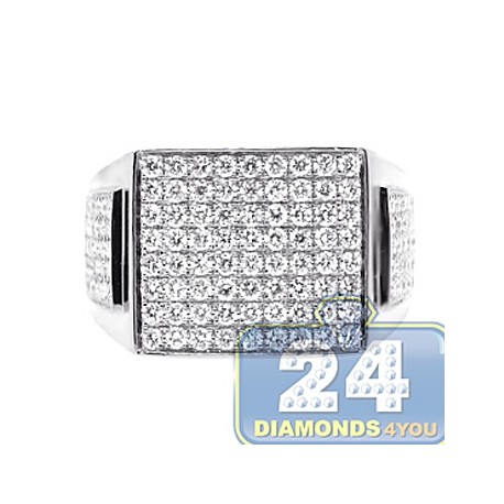 Mens Diamond Rectangle Shape Signet Ring 14K White Gold 2.41ct