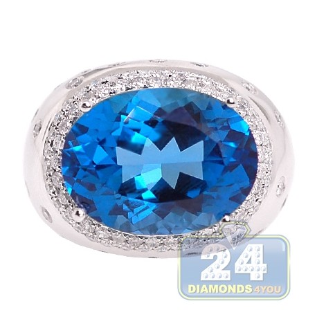 14K White Gold 25.43 ct Blue Topaz Diamond Womens Cocktail Ring