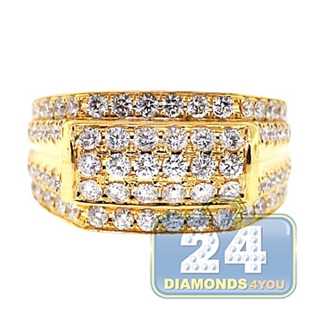 Mens Round Diamond Signet Band Ring 14K Yellow Gold 2.45ct