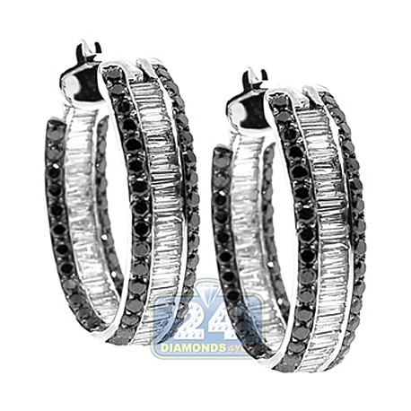 Womens Baguette Diamond Fancy Oval Hoop Earrings 14K White Gold