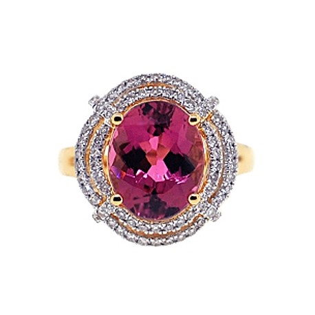 18K Yellow Gold 5.21 ct Pink Tourmaline Diamond Womens Ring