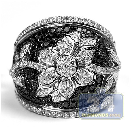 14K White Gold 2.36 ct Black Diamond Womens Flower Band Ring