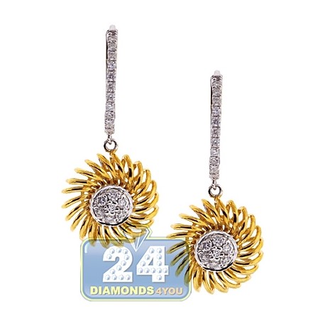 Womens Diamond Halo Drop Earrings 18K Two Tone Gold 0.35 Carat