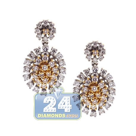 Womens Diamond Cluster Drop Earrings 18K Two Tone Gold 1.00 ct