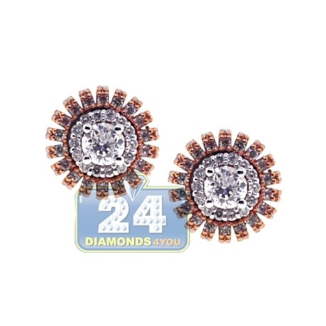 Womens Diamond Halo Stud Earrings 18K Two Tone Gold 0.71 ct