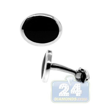 925 Sterling Silver Black Onyx Mens Oval Cuff Links