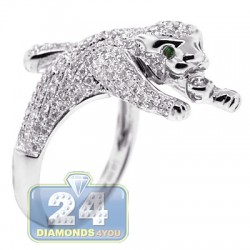 14K White Gold 1.30 ct Diamond Womens Small Panther Cat Ring