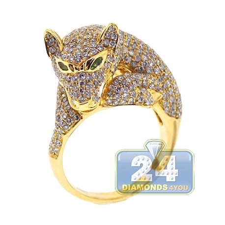 14K Yellow Gold 2.92 ct Diamond Panther Cat Head Womens Ring
