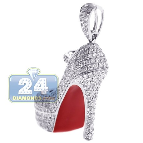 Womens Diamond Red Sole High Heel Pendant 14K White Gold 2.92ct