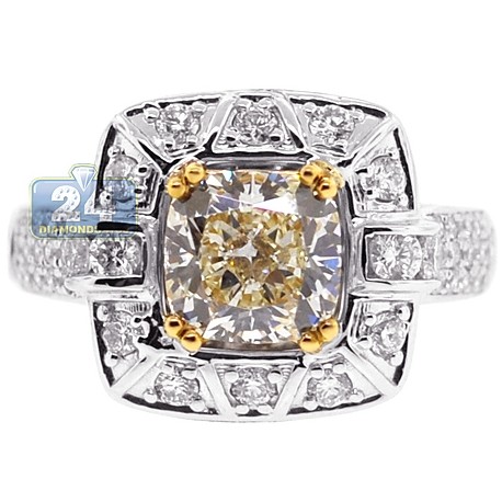 Womens Fancy Yellow Diamond Halo Engagement Ring 18K White Gold