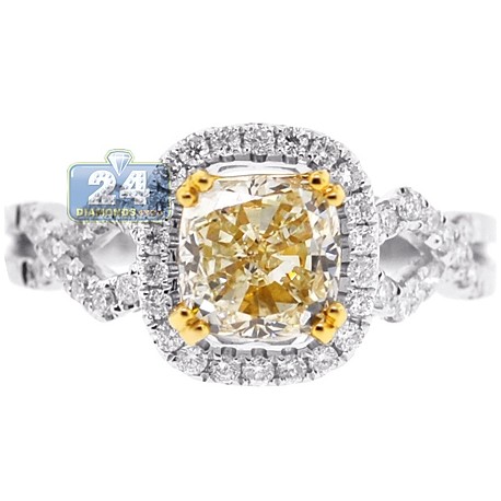 Fancy Yellow Cushion Diamond Engagement Ring 18K Gold 2.49 ct