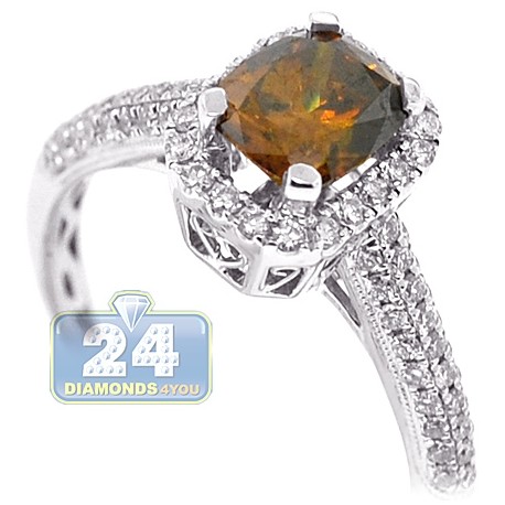 18K White Gold 1.52 ct Cushion Brown Diamond Womens Engagement Ring