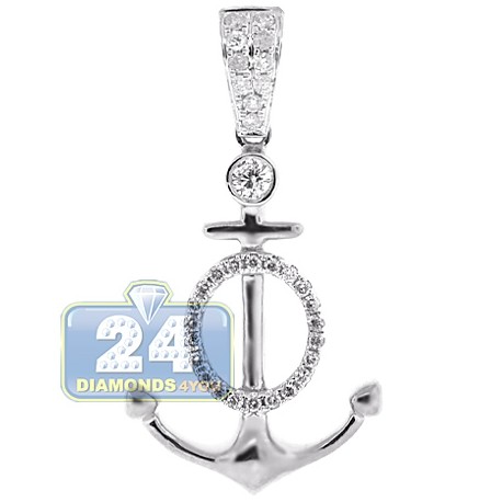 Mens Womens Diamond Mariner Anchor Pendant 14K White Gold .37ct