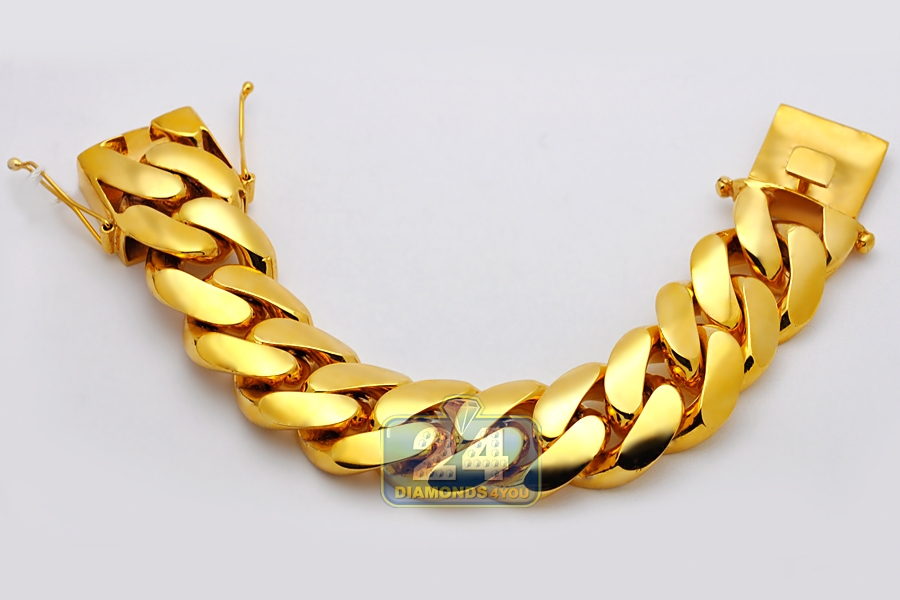 10K Yellow Gold Miami Cuban Link Chain Diamond Bracelet for Men
