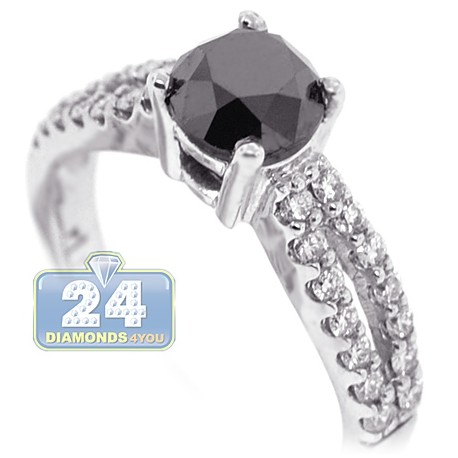 18K White Gold 1.91 ct Round Black Diamond Womens Engagement Ring
