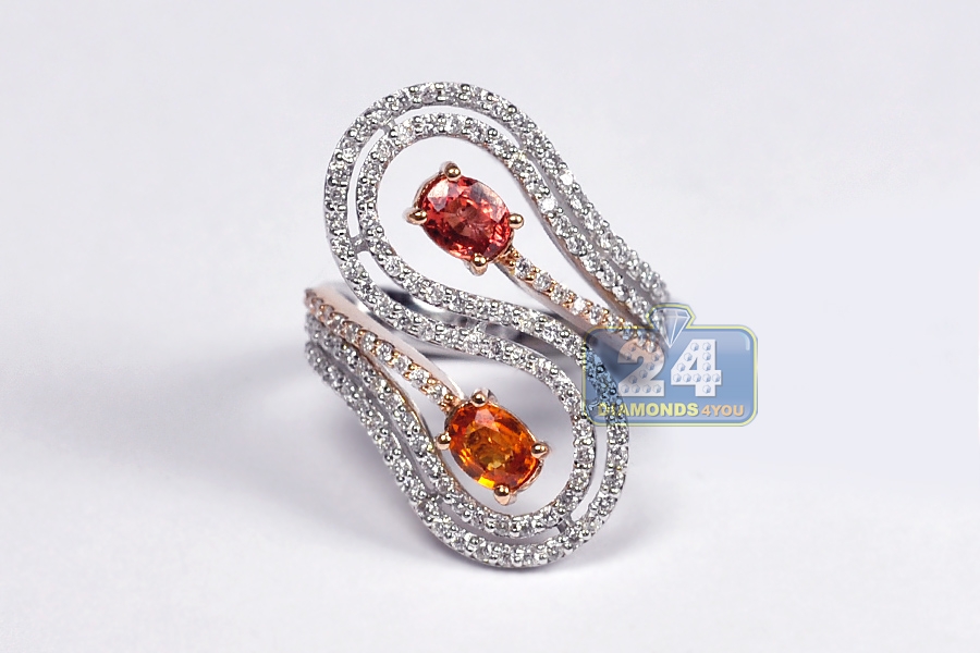 Womens Diamond Garnet Bypass Ring 18K Two Tone Gold 1.82 ct