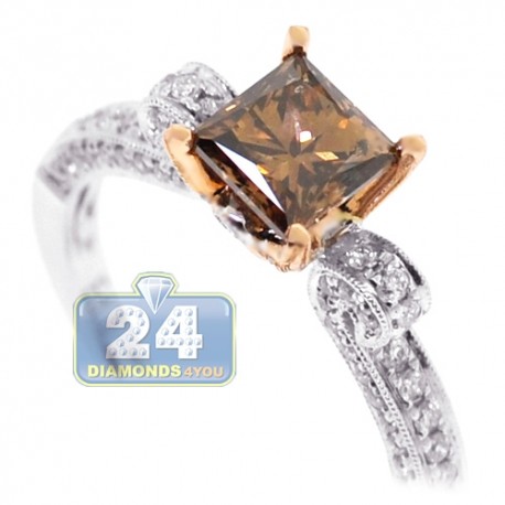 18K Gold 1.52 ct Princess Brown Diamond Womens Engagement Ring