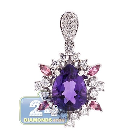 Womens Diamond Amethyst Sapphire Pendant 18K White Gold 4.34ct