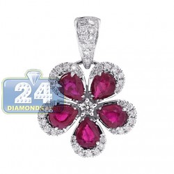 Womens Diamond Ruby Flower Halo Pendant 14K White Gold 2.33ct