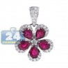 Womens Diamond Ruby Flower Halo Pendant 14K White Gold 2.33ct