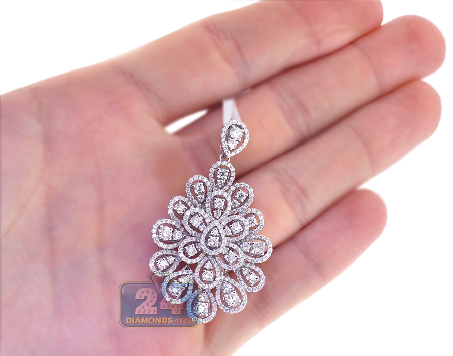 Womens Diamond Cluster Flower Pendant 18K White Gold 3.56 ct