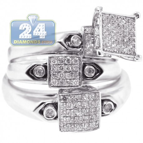 14K White Gold 0.60 ct Diamond Pave Wedding Three Rings Set