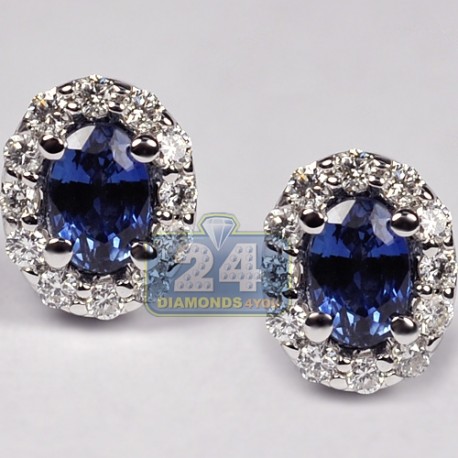 Womens Blue Sapphire Diamond Stud Earrings 18K White Gold 1.81 ct