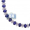 Womens Blue Sapphire Diamond Tennis Necklace 18K White Gold 17"