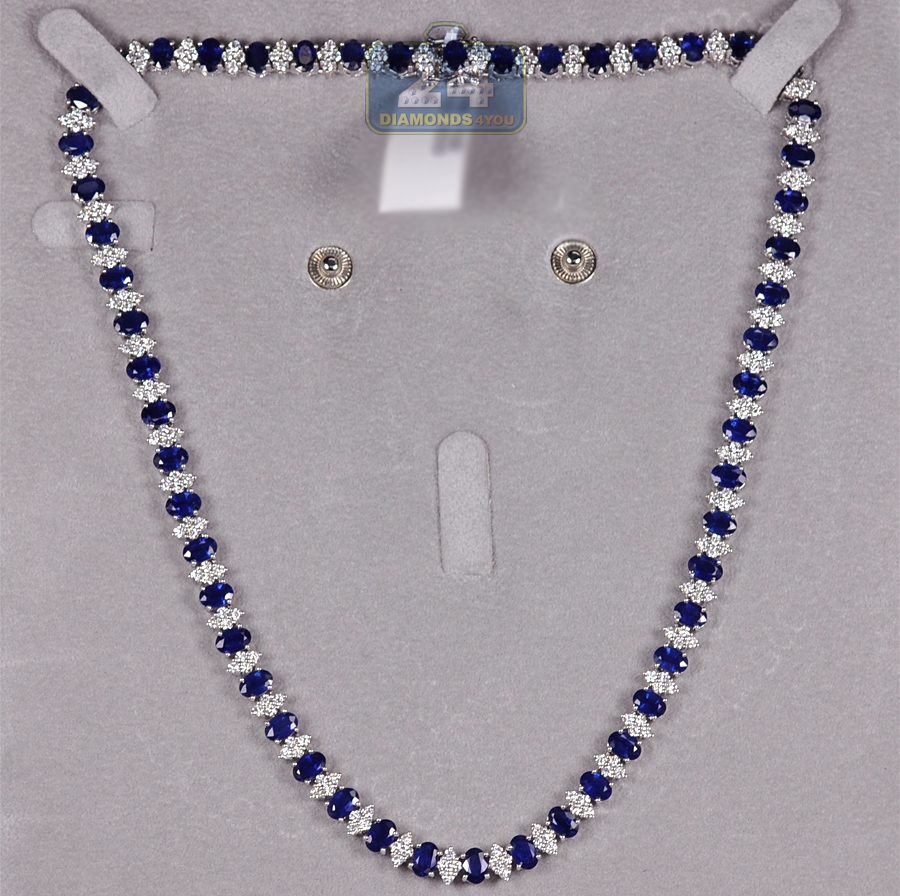 Womens Blue Sapphire Diamond Tennis Necklace 18K White Gold 17"