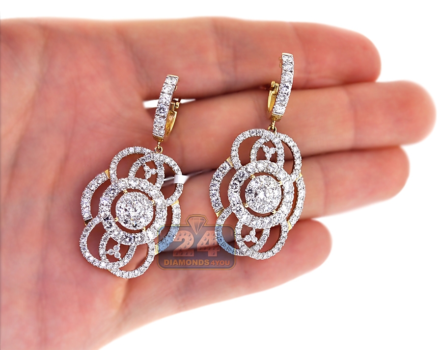 Womens Diamond Dangle Earrings 14K Yellow Gold 7.17 ct 2 inches