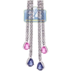 Womens Diamond Sapphire Double Drop Earrings 18K Gold 4.98 ct
