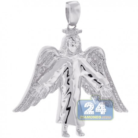 Mens Diamond Jesus Christ Angel Wings Pendant 10K White Gold