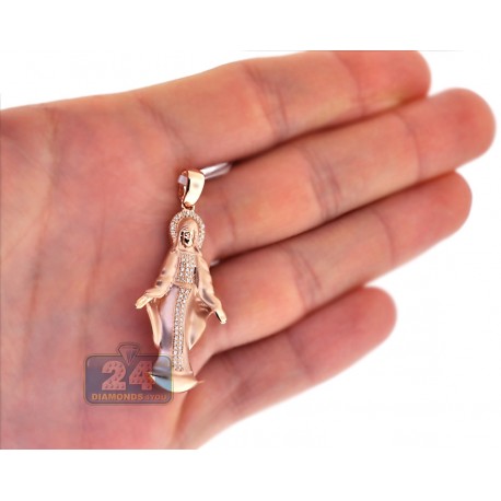 Mens Diamond Virgin Mary Pendant Matte 10K Rose Gold 0.25ct